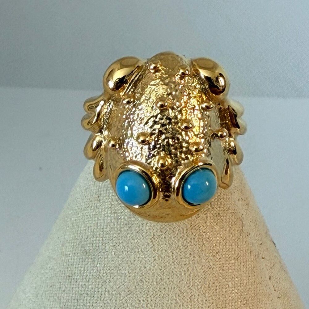 Gold Tone Frog Toad Ring with Blue Cabochon Eyes